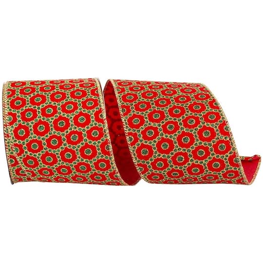 JAM Paper 4" x 10yd. Red & Green Rococo Christmas Wired Edge Ribbon